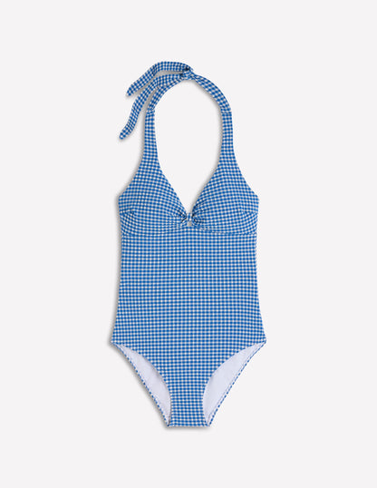 Bow Halter Swimsuit-Bright Blue, Gingham
