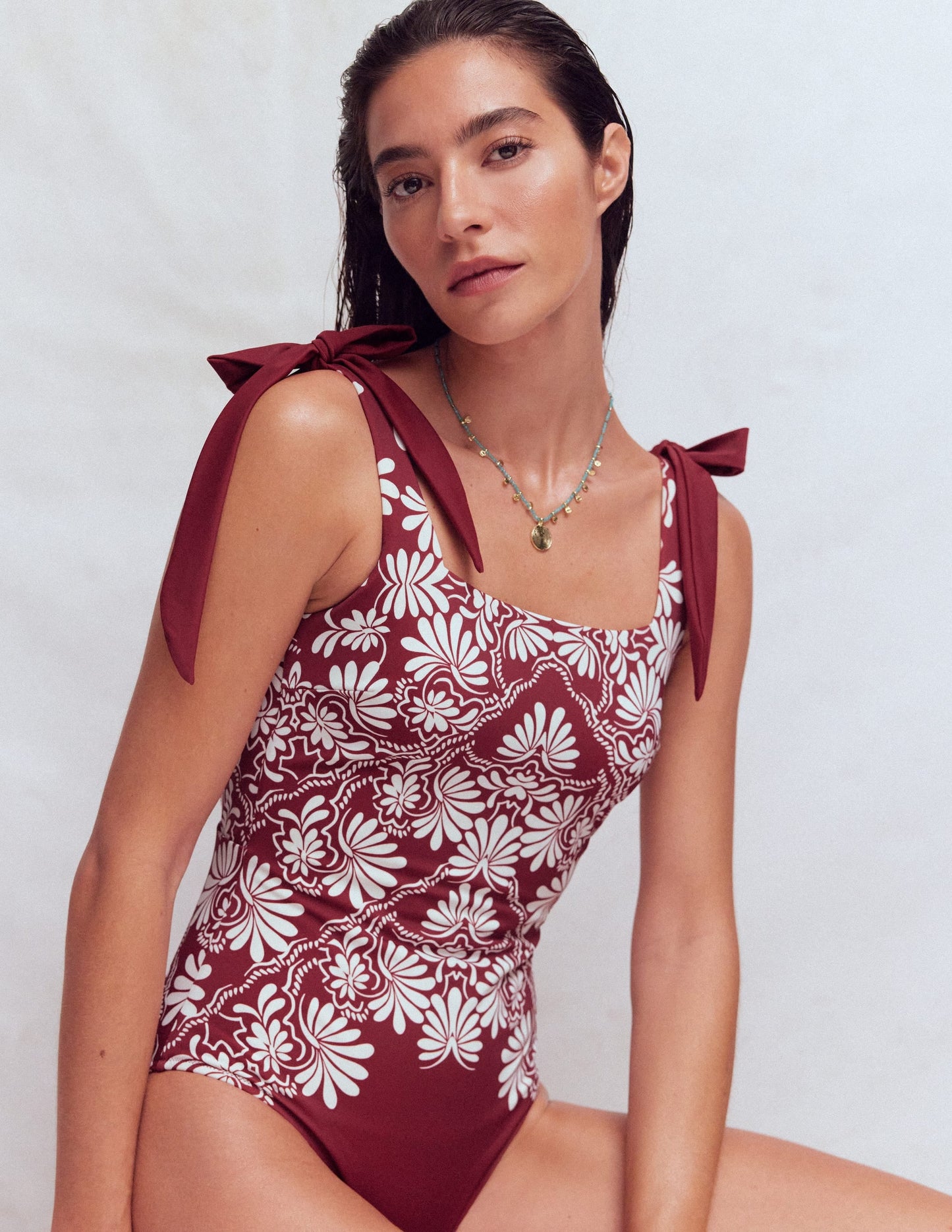 Bow Tie Shoulder Swimsuit-Maroon, Botanical Charm