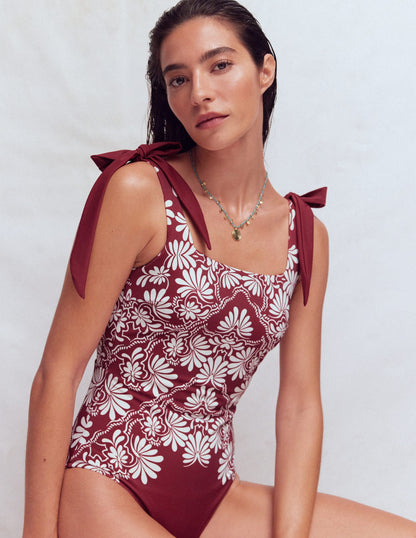 Bow Tie Shoulder Swimsuit-Maroon, Botanical Charm