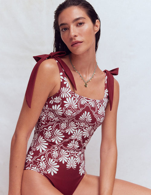 Bow Tie Shoulder Swimsuit-Maroon, Botanical Charm