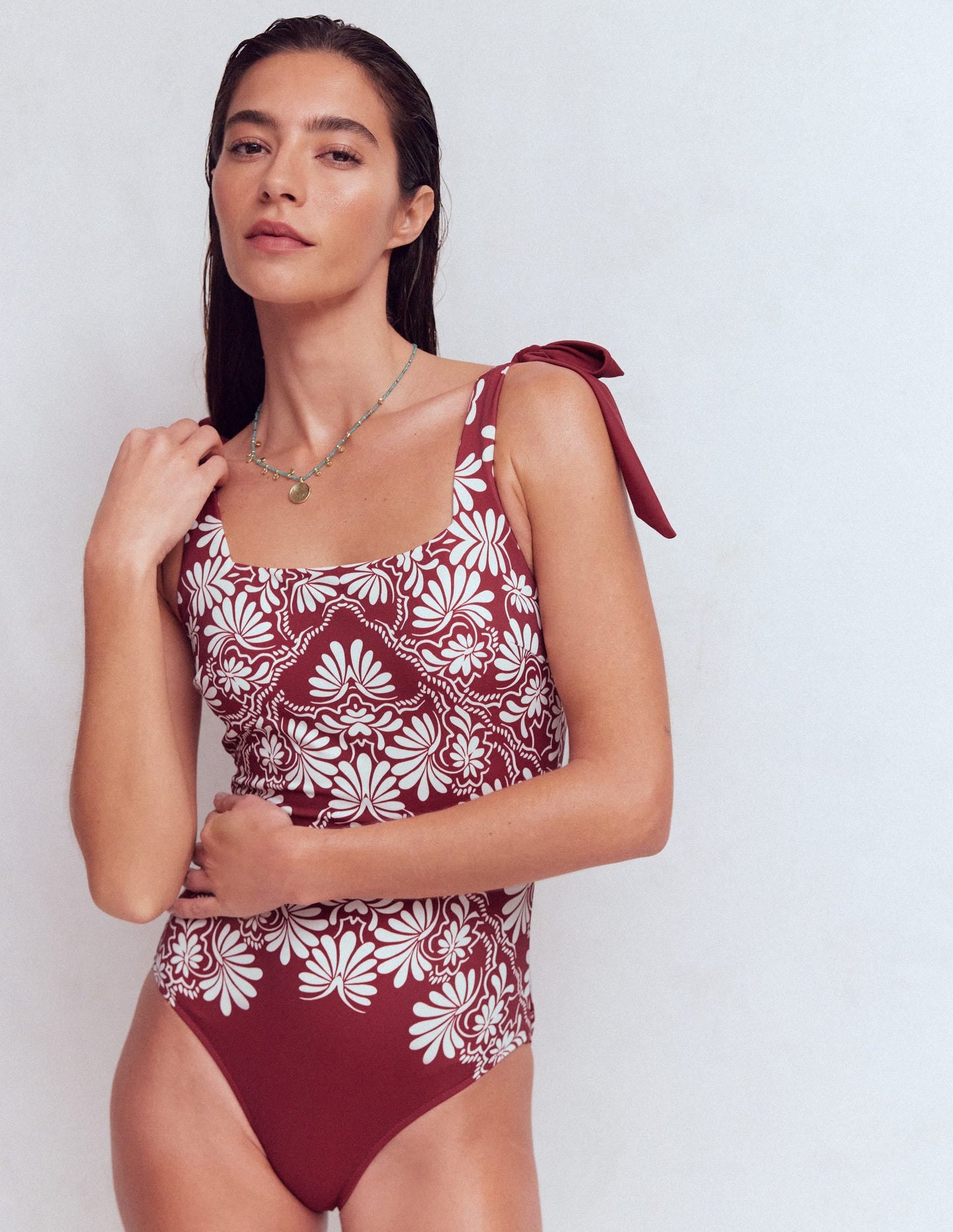 Bow Tie Shoulder Swimsuit-Maroon, Botanical Charm