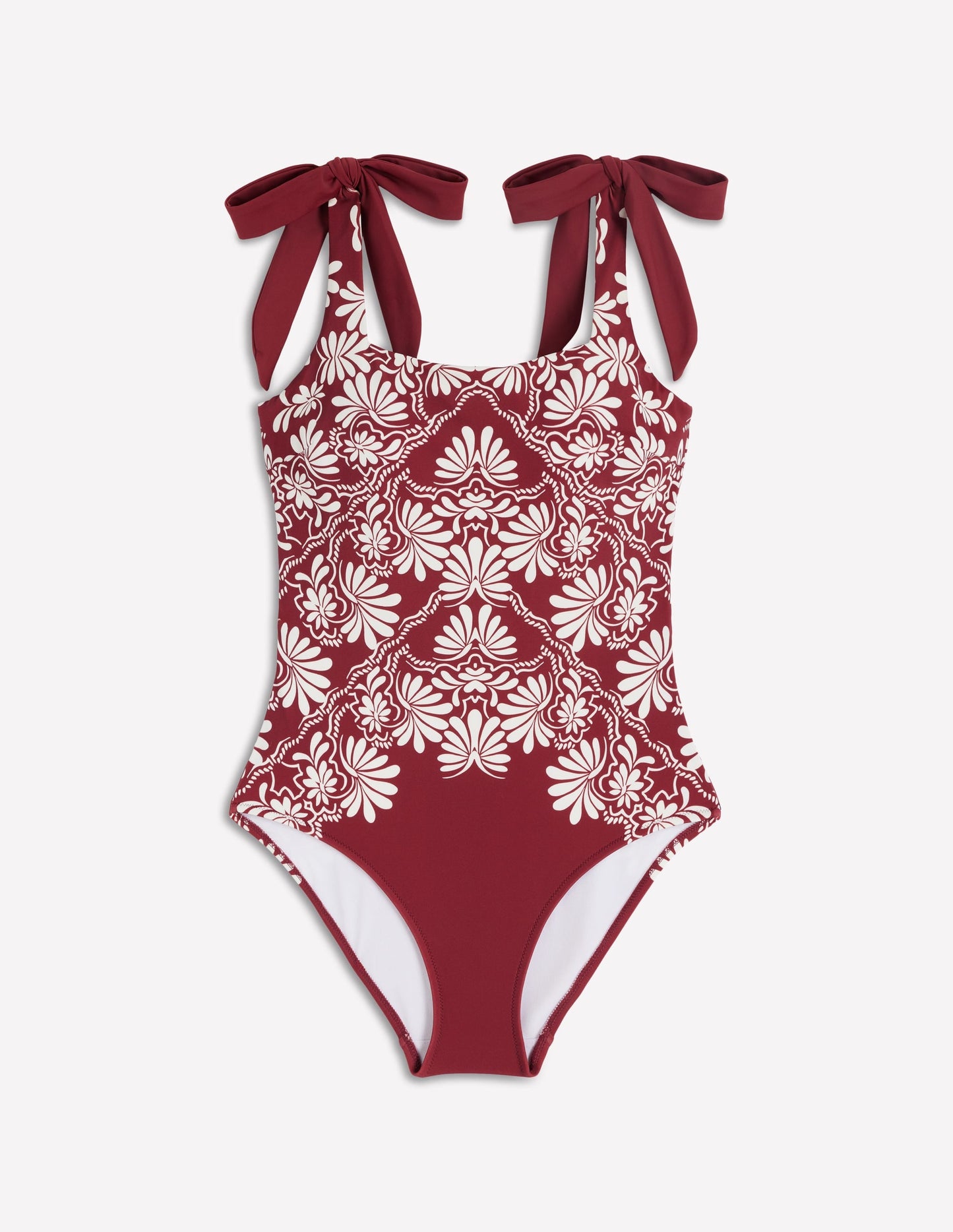 Bow Tie Shoulder Swimsuit-Maroon, Botanical Charm