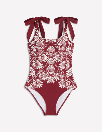 Bow Tie Shoulder Swimsuit-Maroon, Botanical Charm