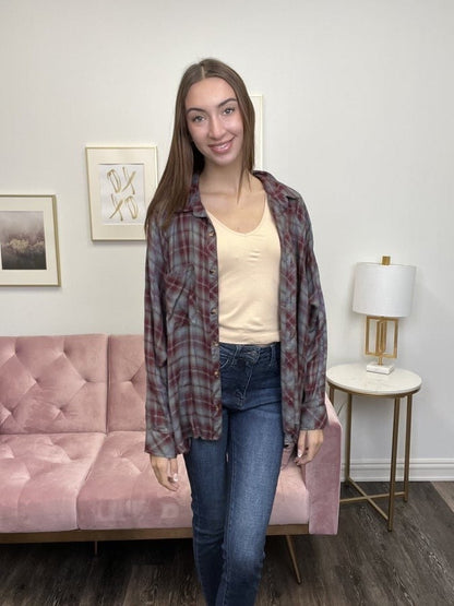 Light Mood Women's Plaid Hi-Lo Long Sleeve Top