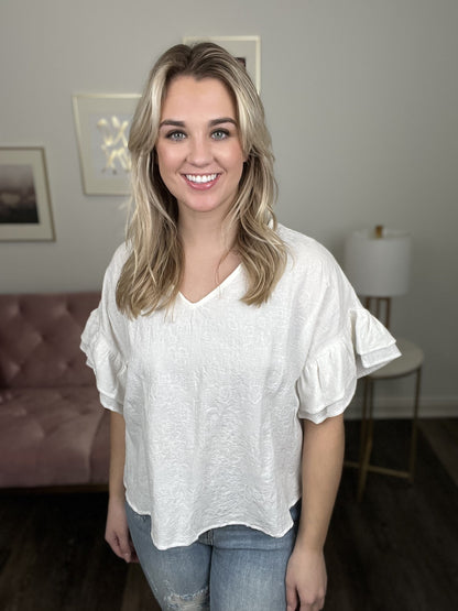 Past Times Women's Woven Ruffle Short Sleeve Top