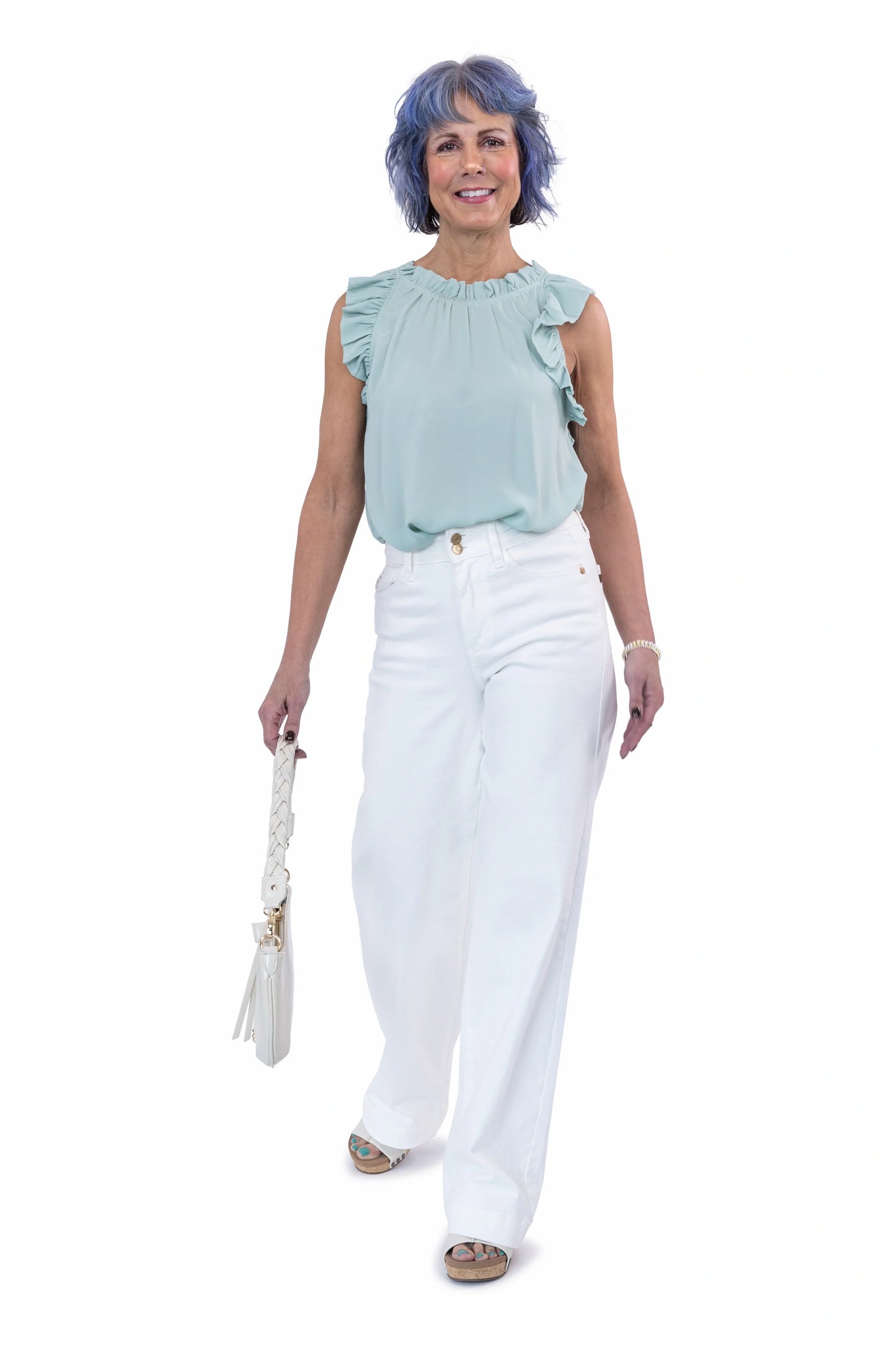 Women's Ruffle Neck Sleeveless Blouse with Keyhole Back