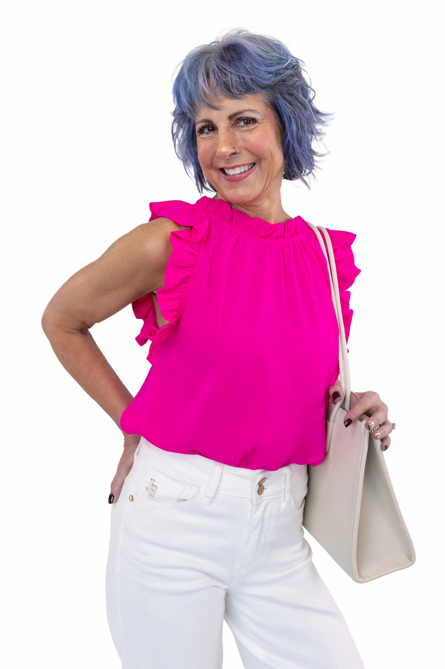 Women's Ruffle Neck Sleeveless Blouse with Keyhole Back