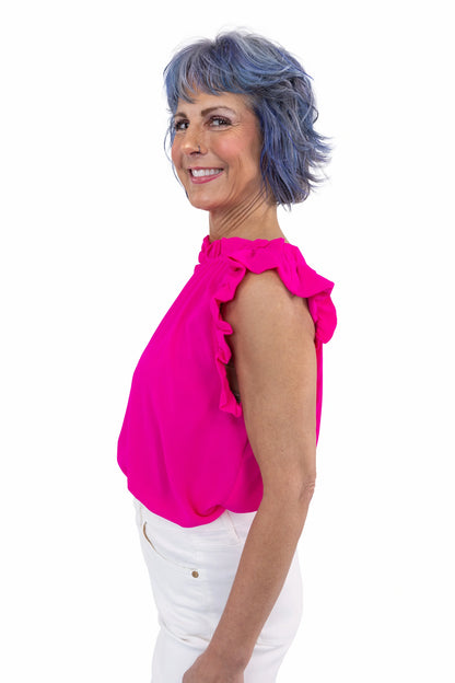 Women's Ruffle Neck Sleeveless Blouse with Keyhole Back