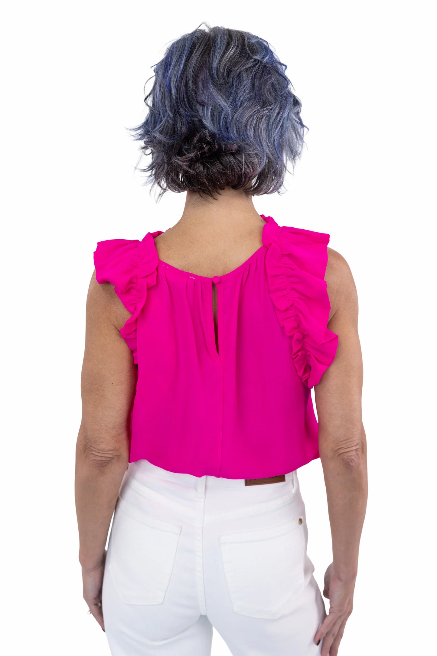 Women's Ruffle Neck Sleeveless Blouse with Keyhole Back
