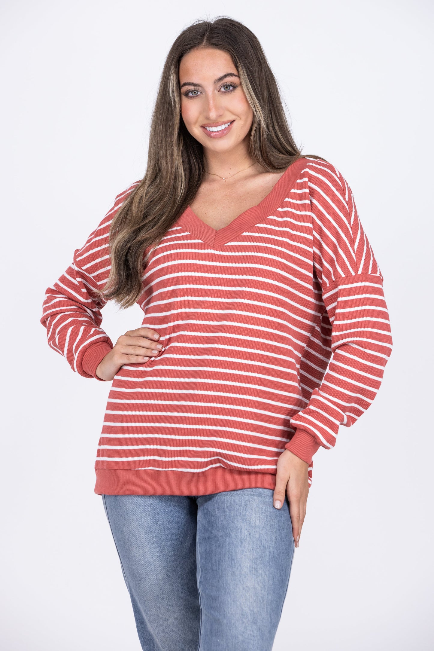 Space For Two Women's Striped Knit Long Sleeve Top