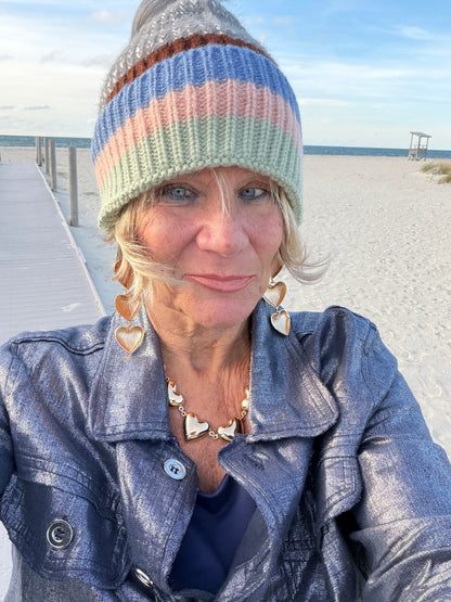 Multi Pastel Stripe Knit Pom Beanie