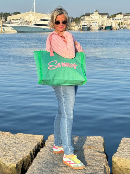 SEWN ROPE SUMMER LETTER FRINGED CANVAS BAG
