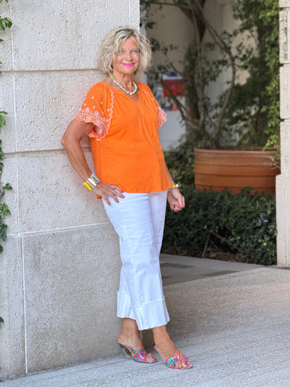 ORANGE FLORAL EMBOIDERY TOP