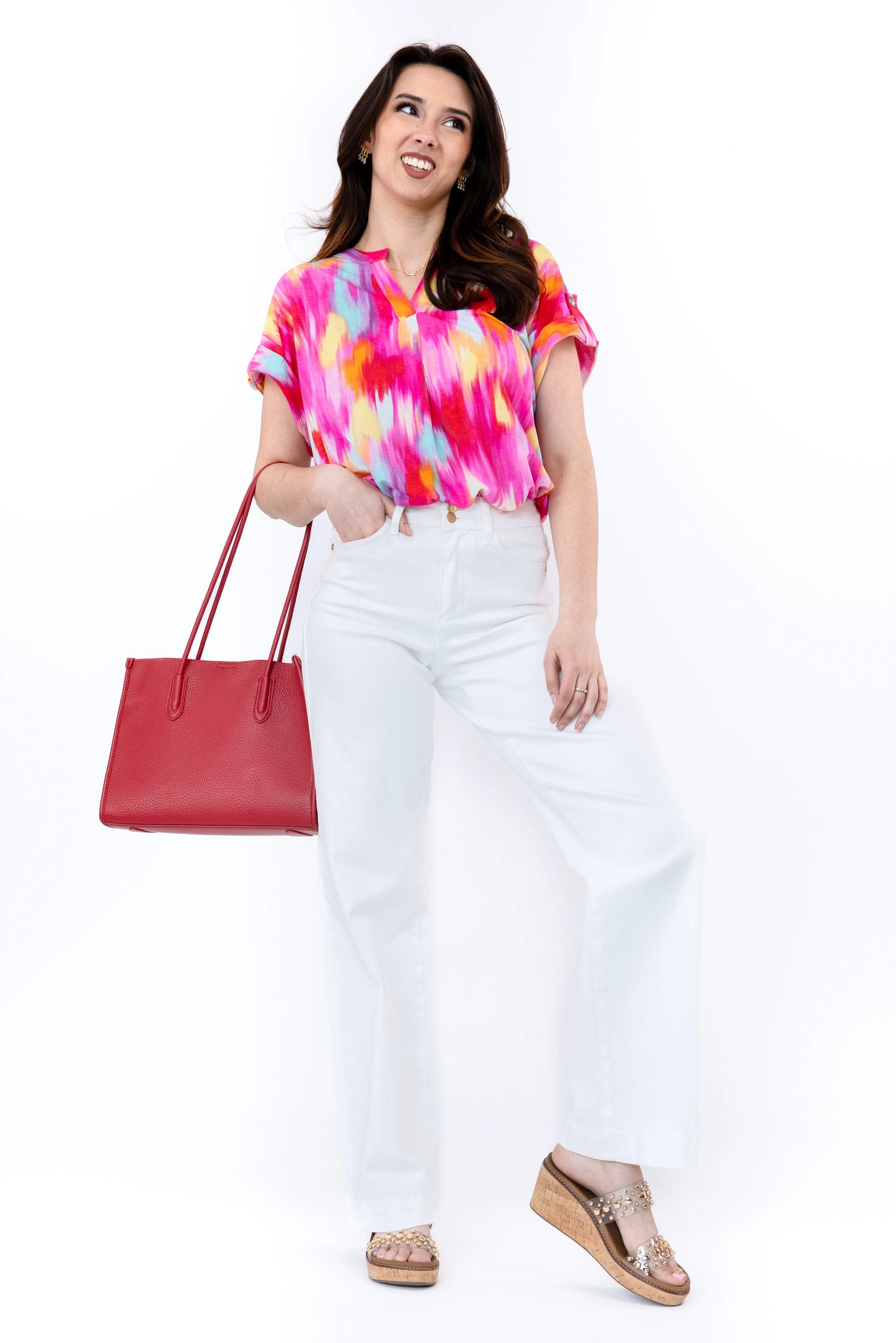 Women's Patterned Split Neckline Short Sleeve Top