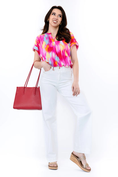 Women's Patterned Split Neckline Short Sleeve Top