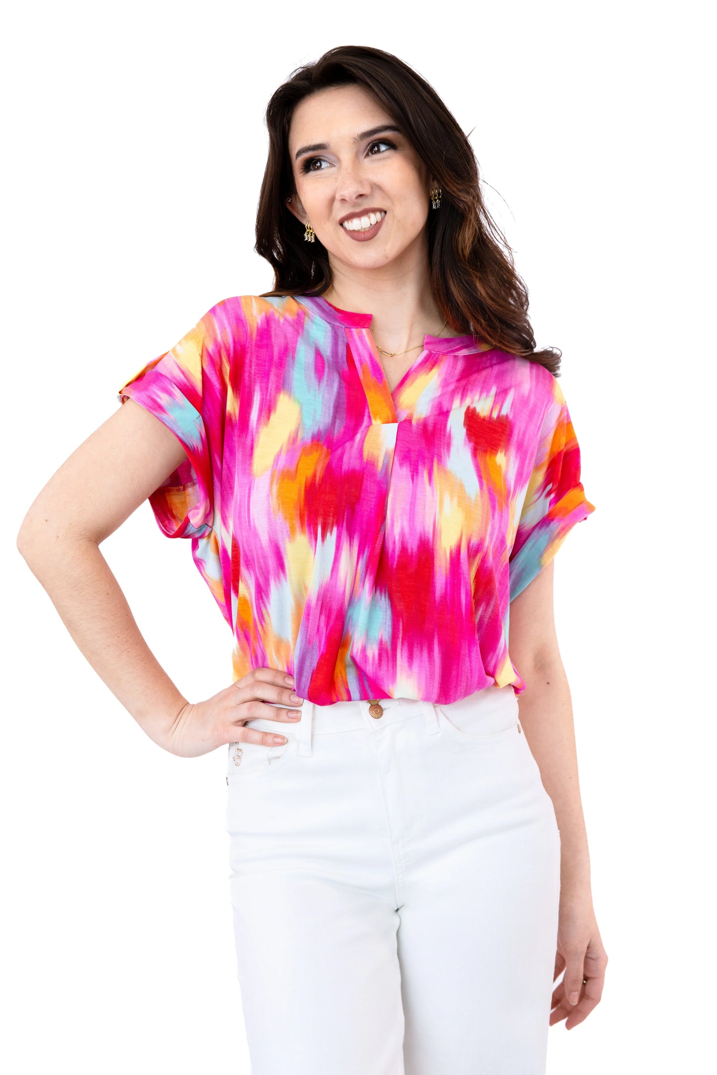 Women's Patterned Split Neckline Short Sleeve Top