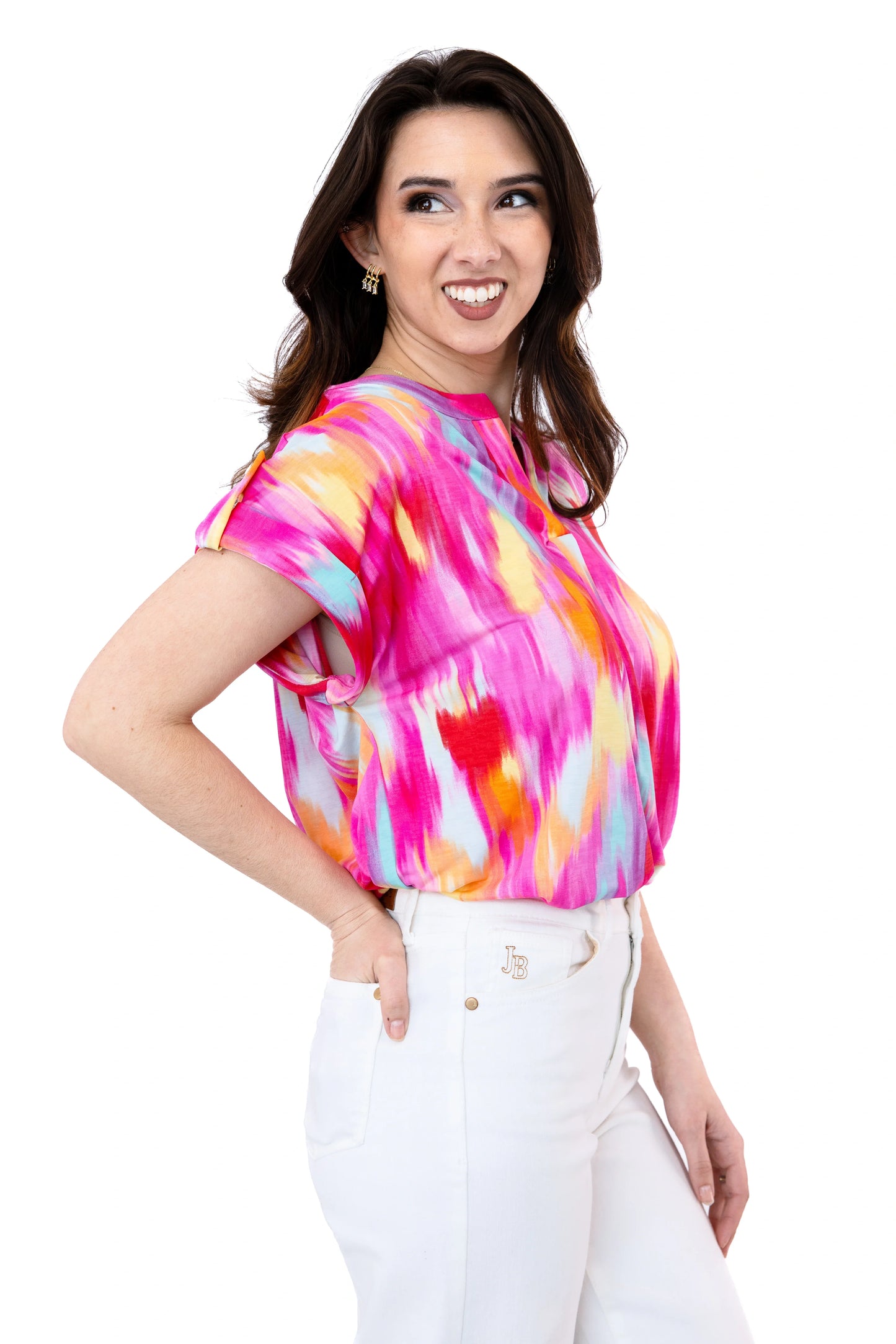 Women's Patterned Split Neckline Short Sleeve Top