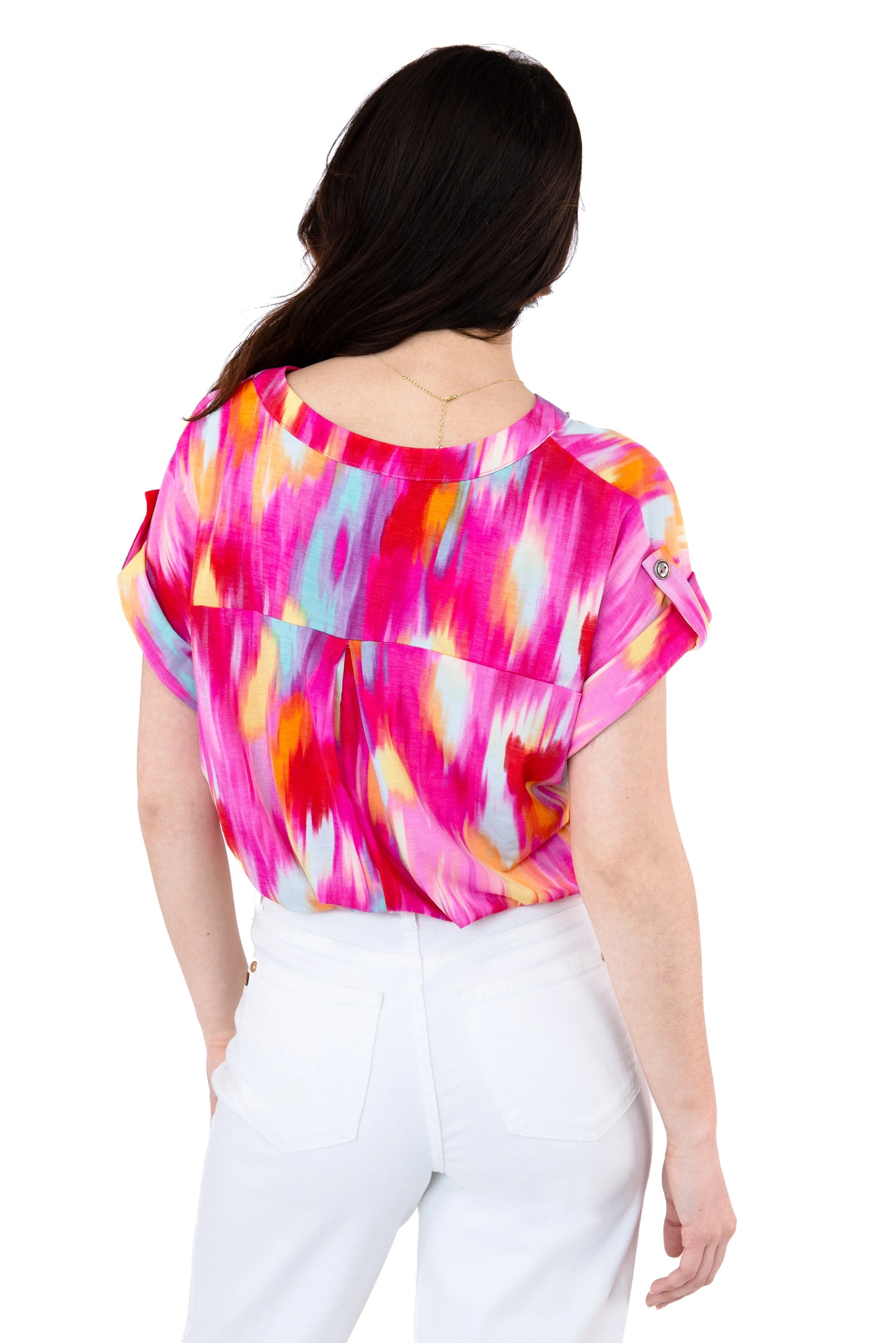 Women's Patterned Split Neckline Short Sleeve Top