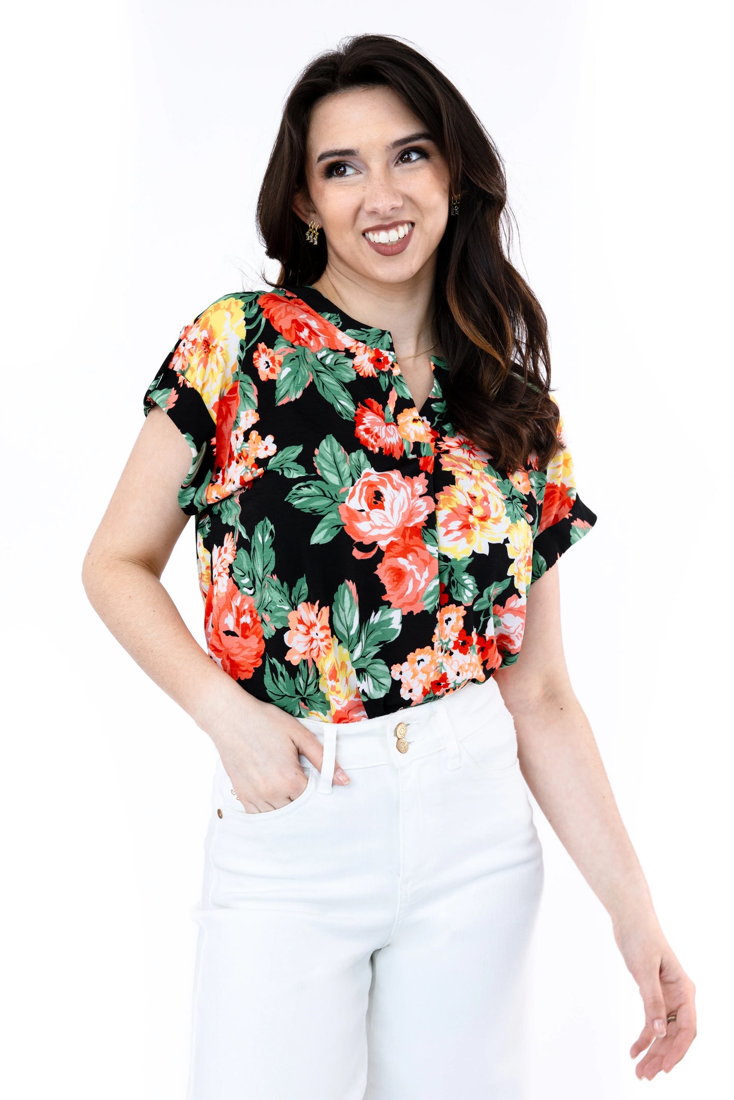 Women's Patterned Split Neckline Short Sleeve Top