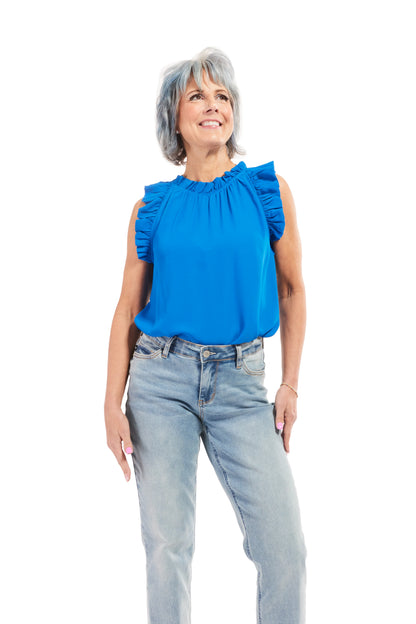 Women's Ruffle Neck Sleeveless Blouse with Keyhole Back