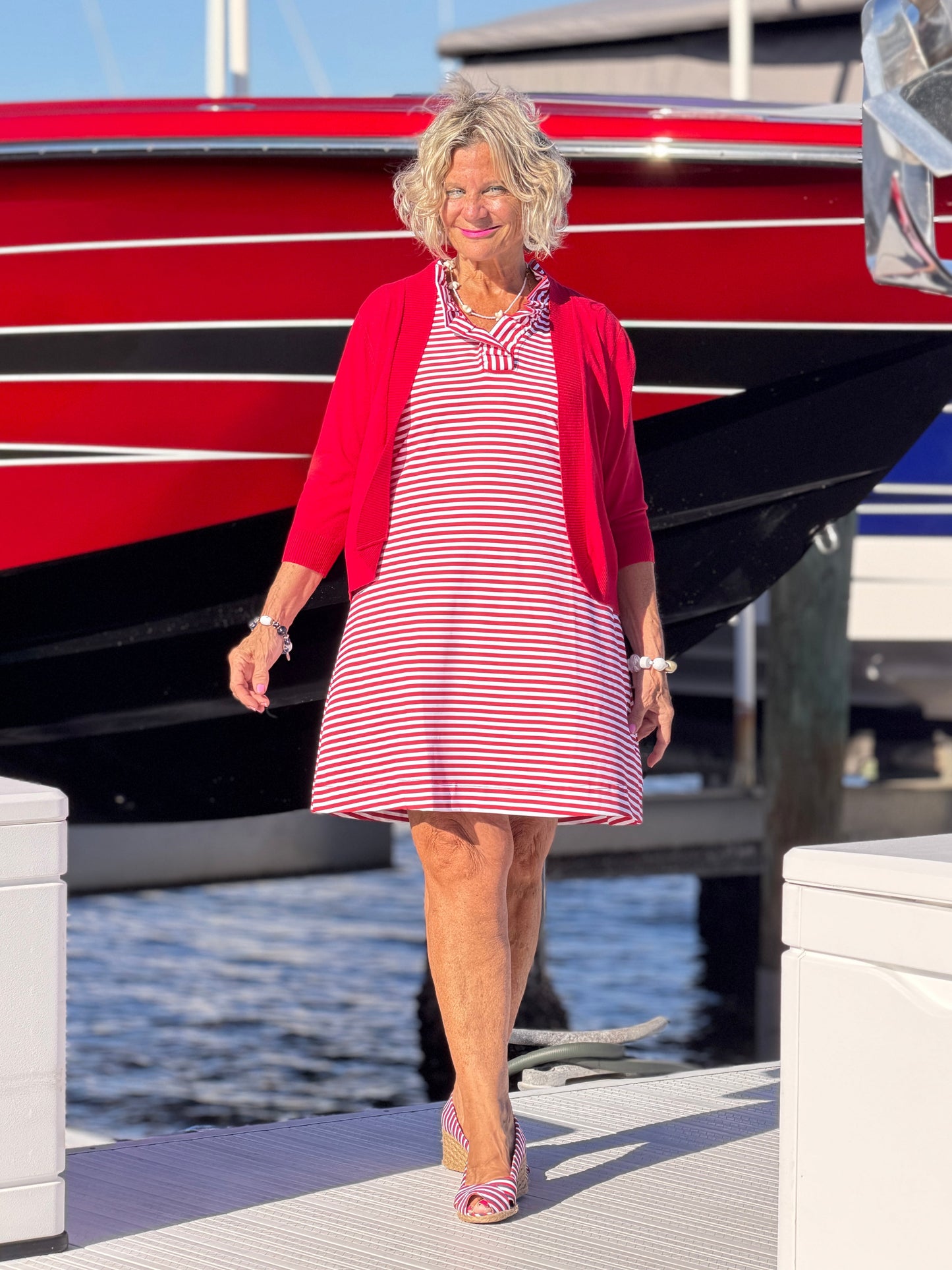 REGATTA RED STRIPE RUFFLE DRESS