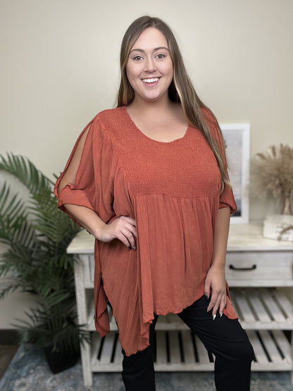 Free Flowing Women's Eyelet Slit Flowy Smock Top