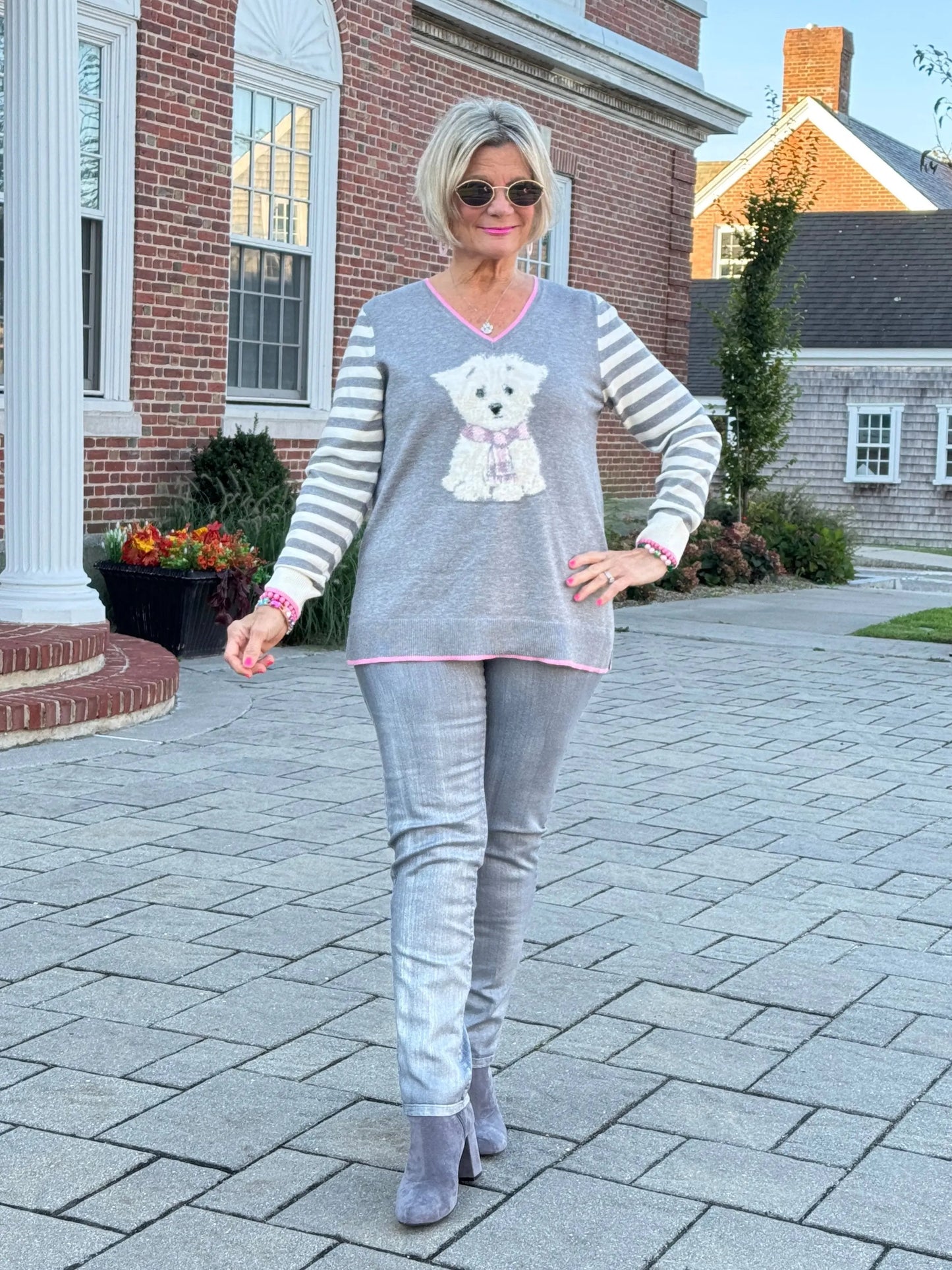 Maltese Puppy Striped Sleeve Sweater