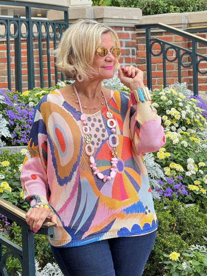Multicolor Abstract  Round Knit Printed Sweater