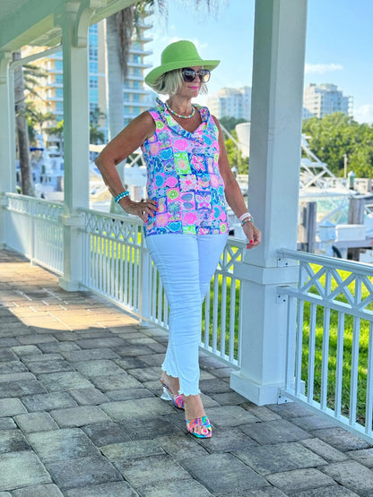 SANDY BEACH COLOR SLEEVELESS RUFFLE TOP
