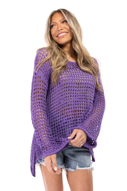 Passion Women's Open Knit Bell Sleeve Hi Lo Sweater