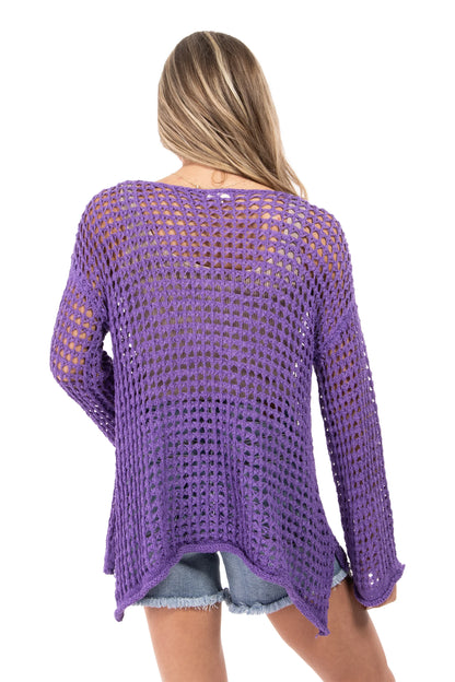 Passion Women's Open Knit Bell Sleeve Hi Lo Sweater