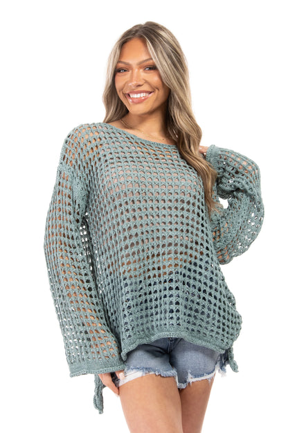 Passion Women's Open Knit Bell Sleeve Hi Lo Sweater
