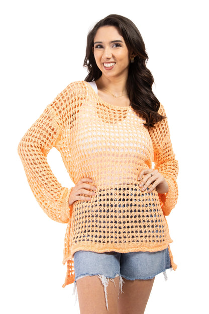 Passion Women's Open Knit Bell Sleeve Hi Lo Sweater