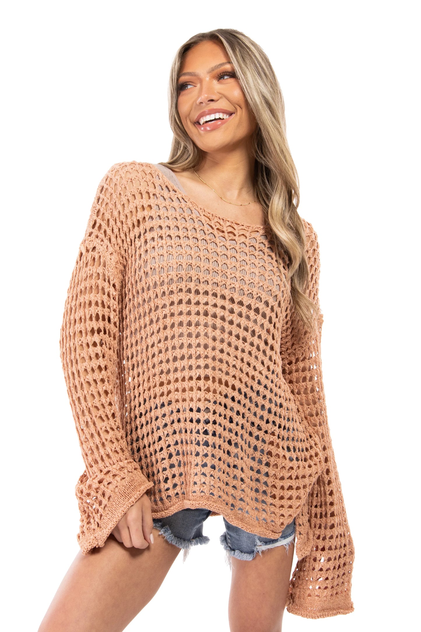 Passion Women's Open Knit Bell Sleeve Hi Lo Sweater