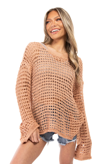 Passion Women's Open Knit Bell Sleeve Hi Lo Sweater