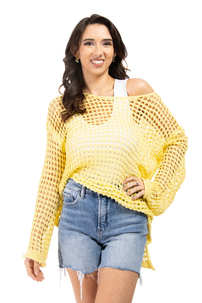 Passion Women's Open Knit Bell Sleeve Hi Lo Sweater