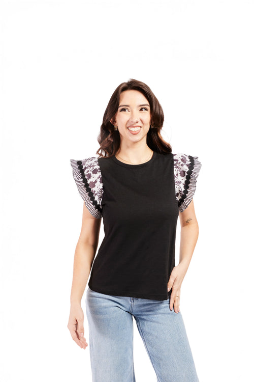 Women's Floral Striped Ruffle Sleeve Top