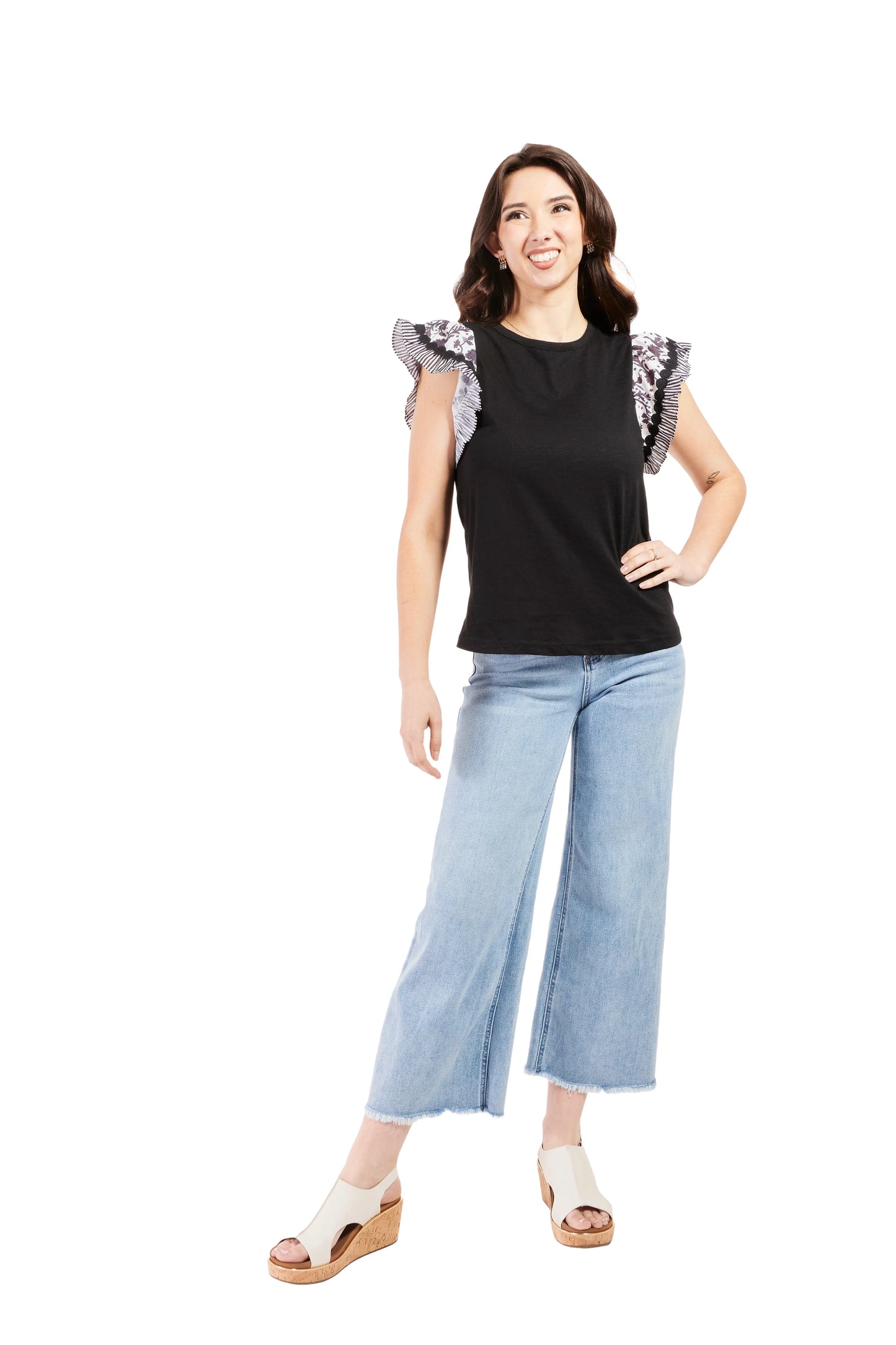Women's Floral Striped Ruffle Sleeve Top