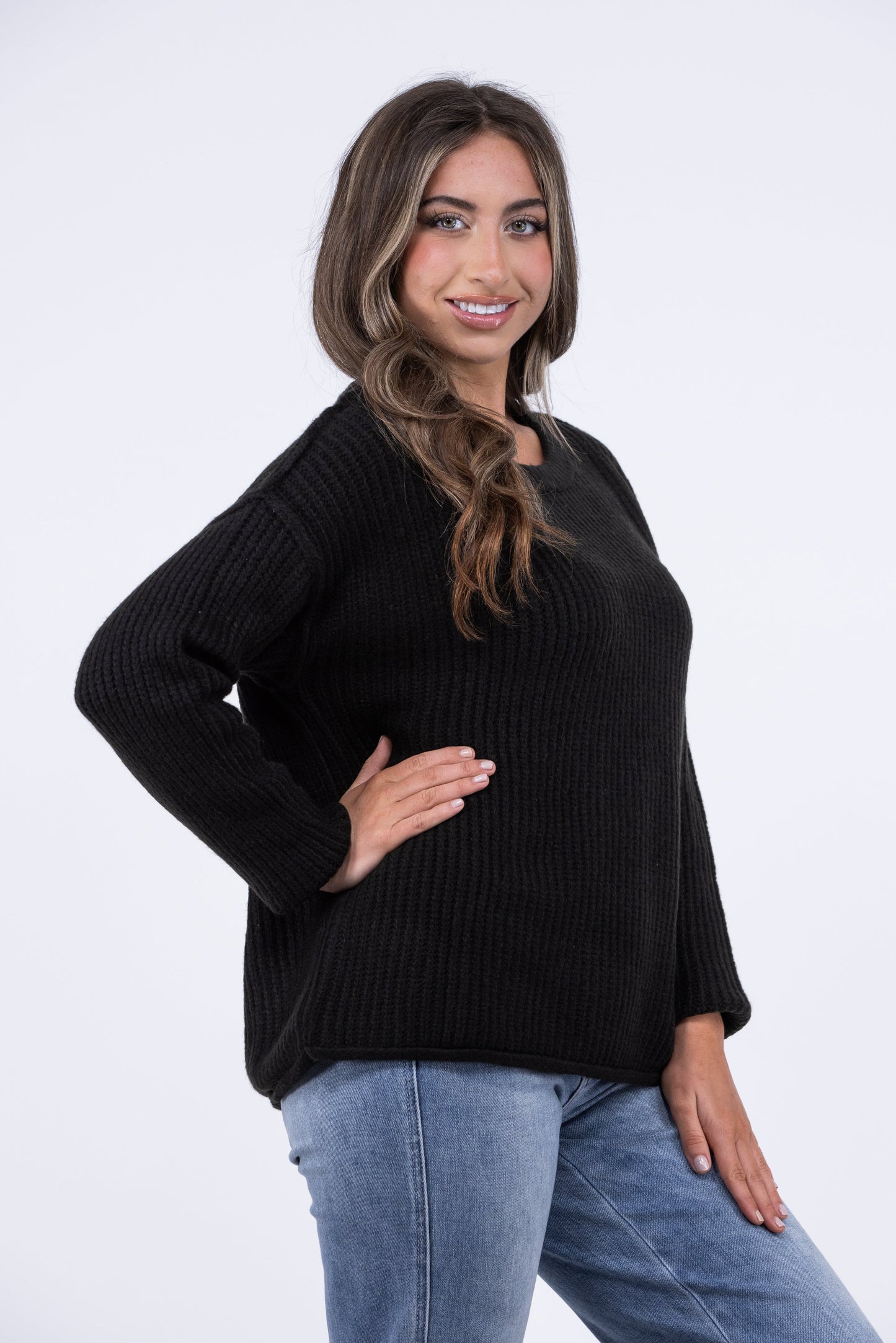 Midnight Crew Women's Crew Neck Rolled Hem Sweater