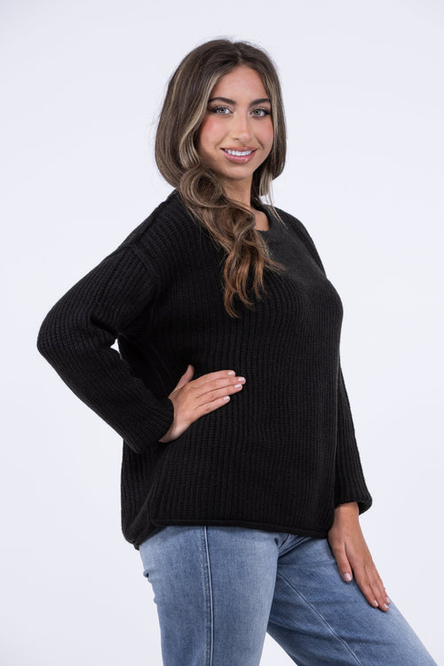Midnight Crew Women's Crew Neck Rolled Hem Sweater