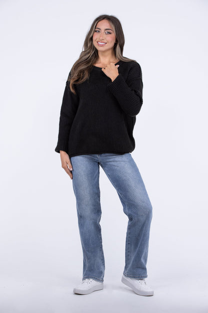 Midnight Crew Women's Crew Neck Rolled Hem Sweater