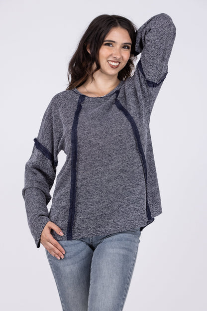 Night Goes On Women's Distressed Waffle Knit Long Sleeve Top