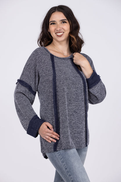 Night Goes On Women's Distressed Waffle Knit Long Sleeve Top