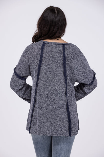Night Goes On Women's Distressed Waffle Knit Long Sleeve Top