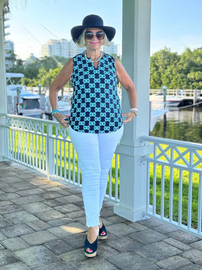 NAVY MEDALLION SLEEVELESS V NECK