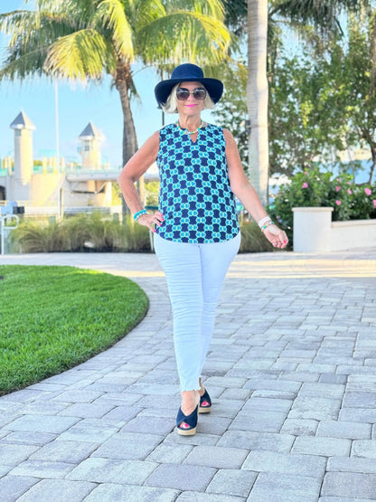 NAVY MEDALLION SLEEVELESS V NECK