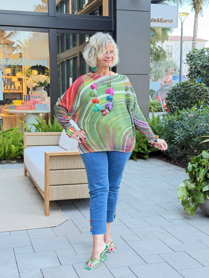 OLIVE Wavy Round Neck Knit Printed Sweater