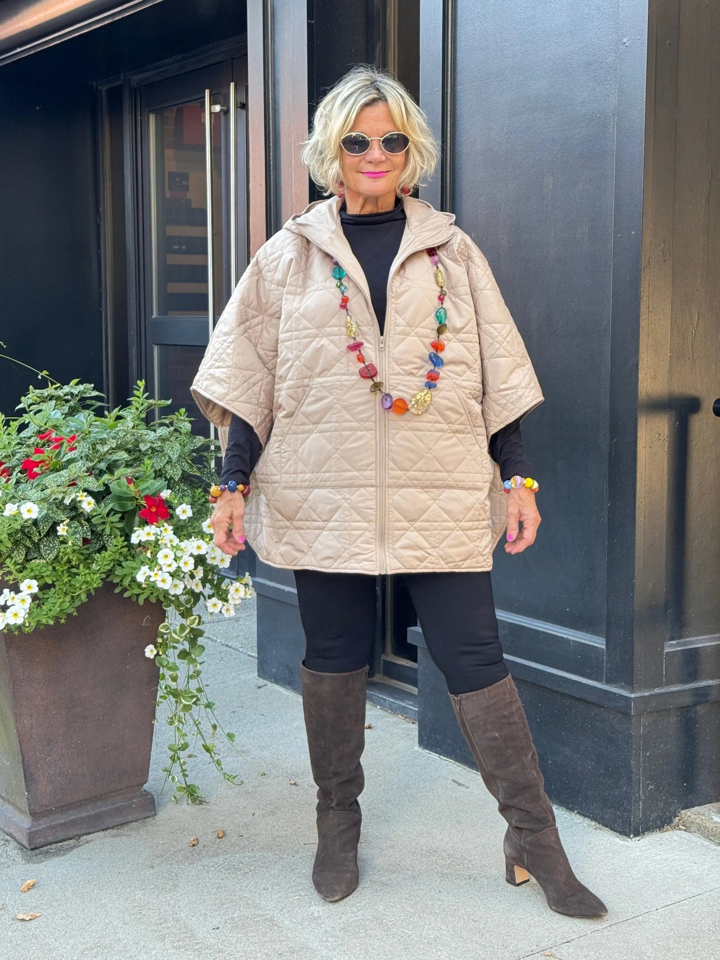 Oversize Quilted Puffer Hood Cape Poncho BEIGE