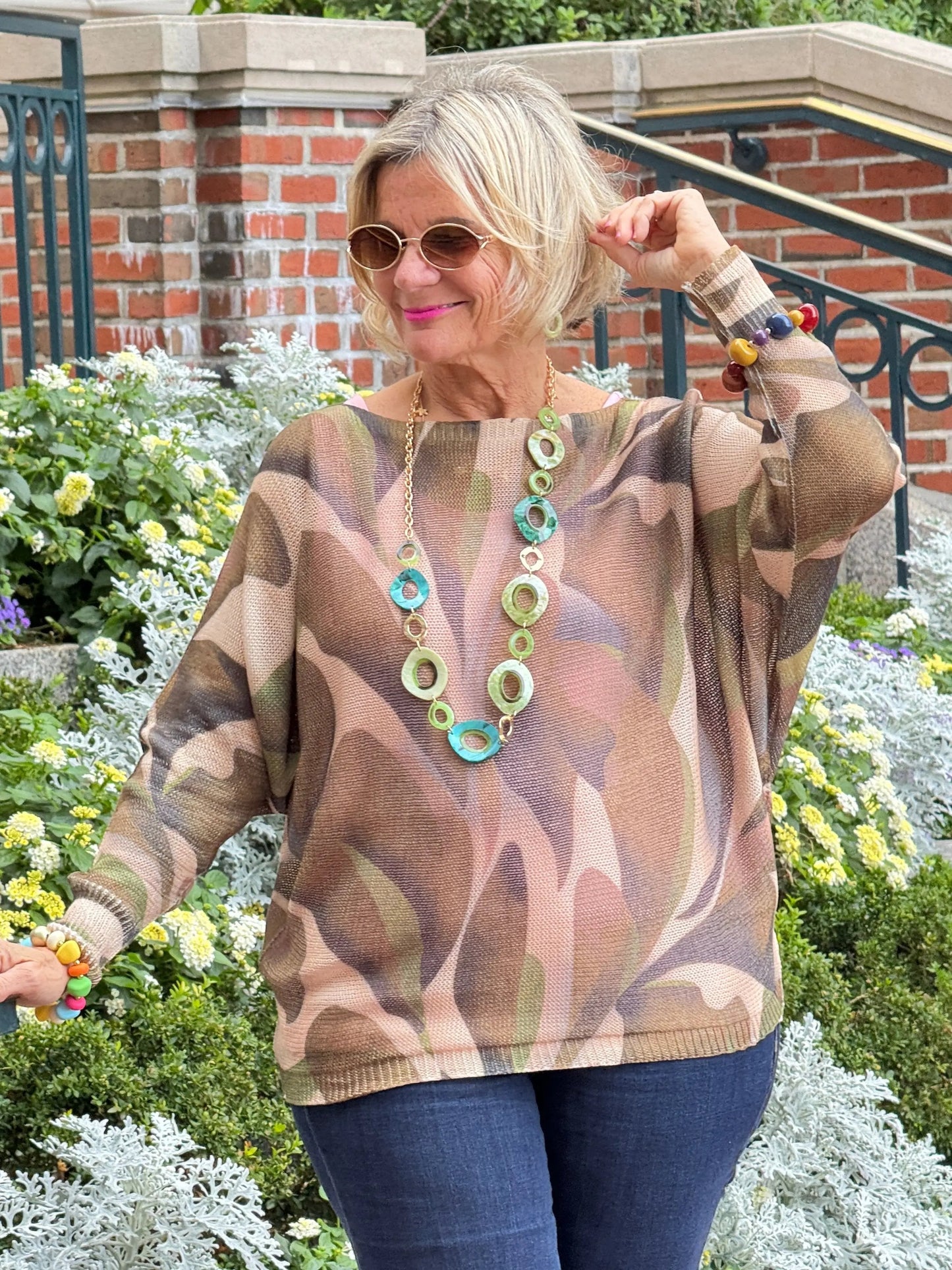 Olive Abstract Round Neck Knit Printed Sweater