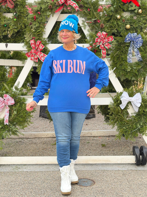 ROYAL BLUE SKI BUM Suede-Like Flocked Logo Heavyweight Sweatshirt